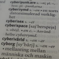 Foto av sida i Svenska Akademins ordlista: Cyberpunkare, cybersrymd, cybersex, cyberspace, cybervärld och cyborg.
